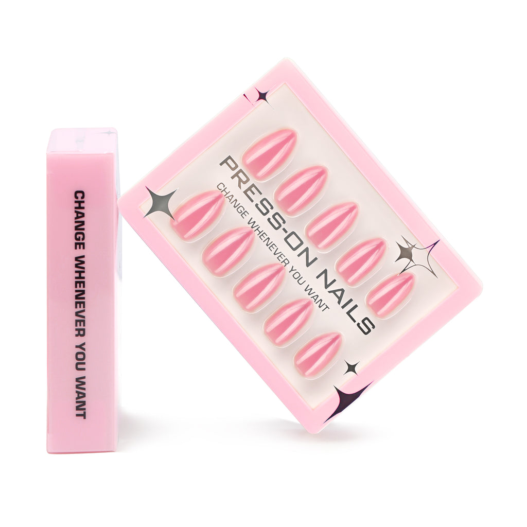 faux ongles press on nails rose blush nacré ongles amande manucure chic lumineuse tendance printemps réutilisable sans UV