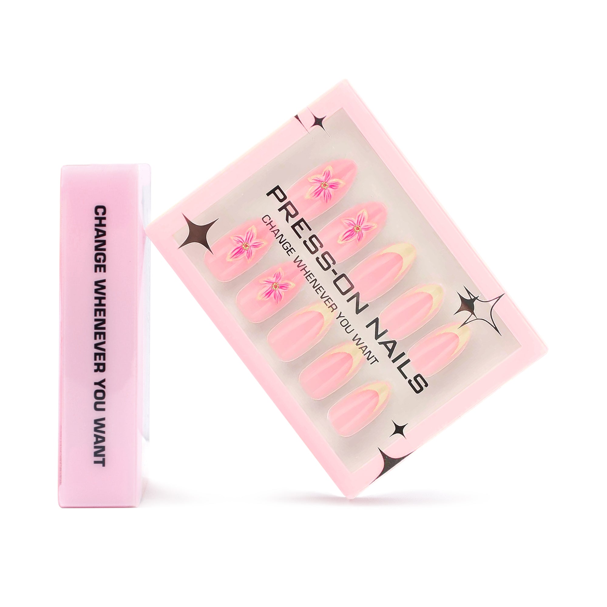faux ongles press on nails tulipe rose jaune pastel fleurs ongles printemps manucure florale chic réutilisable sans UV