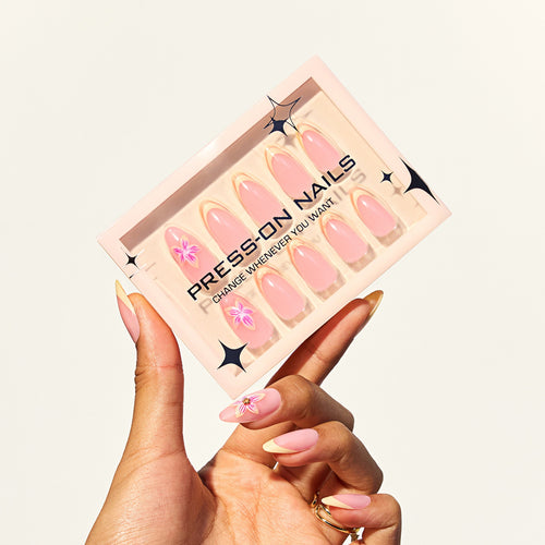 faux ongles press on nails tulipe rose jaune pastel fleurs ongles printemps manucure florale chic réutilisable sans UV