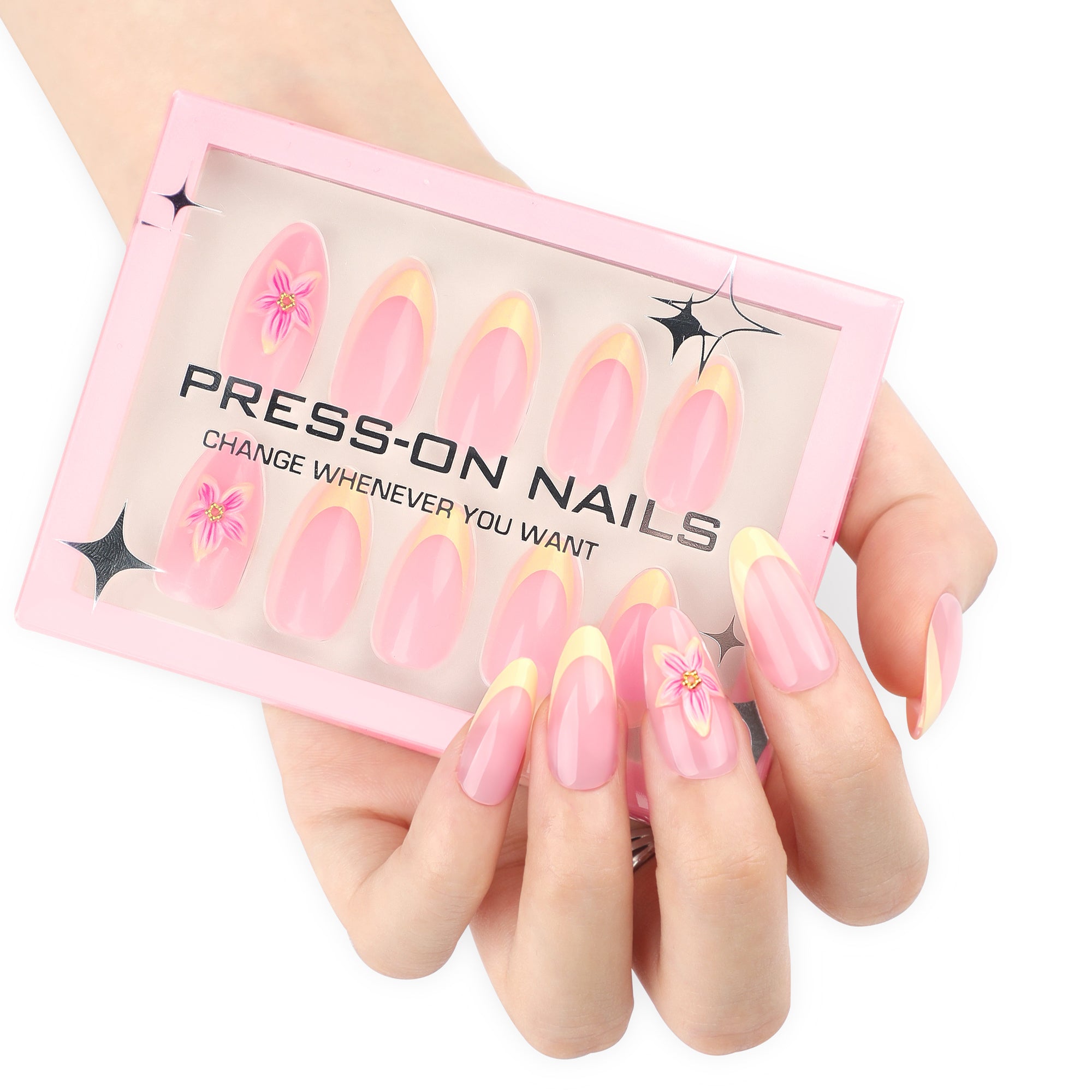 faux ongles press on nails tulipe rose jaune pastel fleurs ongles printemps manucure florale chic réutilisable sans UV