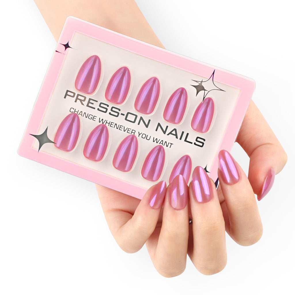faux ongles press on nails rose nacré chrome ongles amande manucure glamour réutilisable sans UV