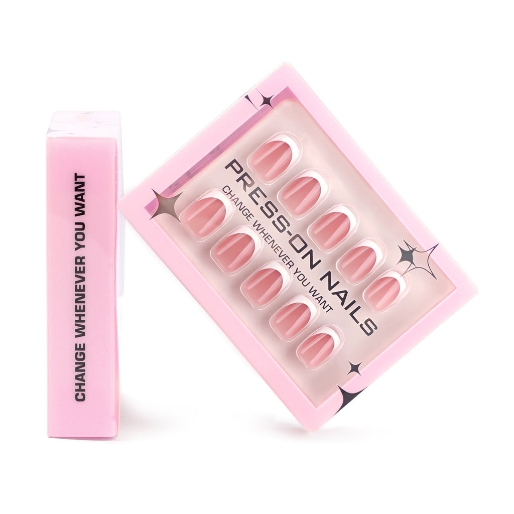 faux ongles press on nails french manucure rose élégante ongles courts carre arrondi squoval effet naturel chic réutilisable