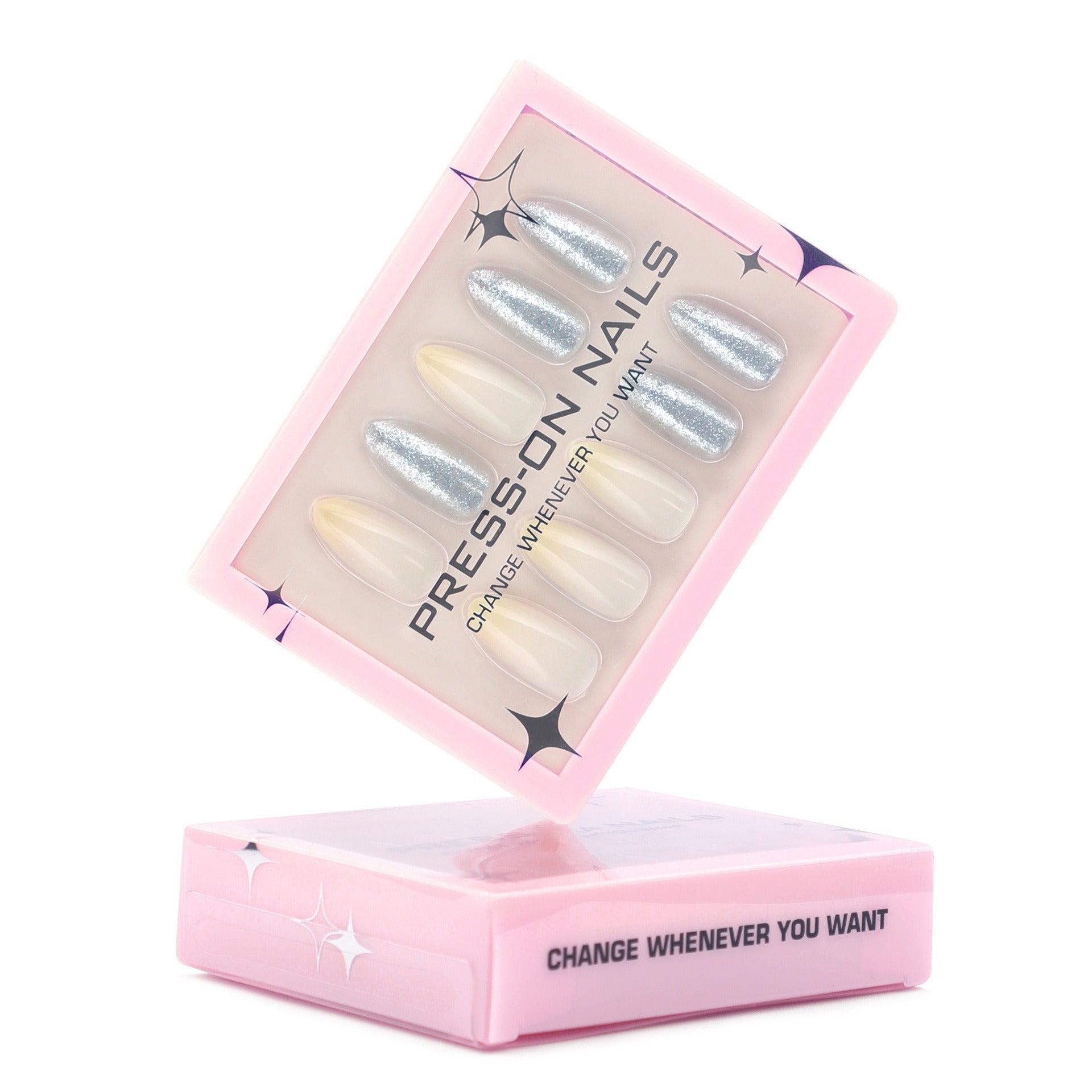 faux ongles press on nails nude champagne paillettes argent ongles amande manucure soiree glam elegante reutilisable sans UV