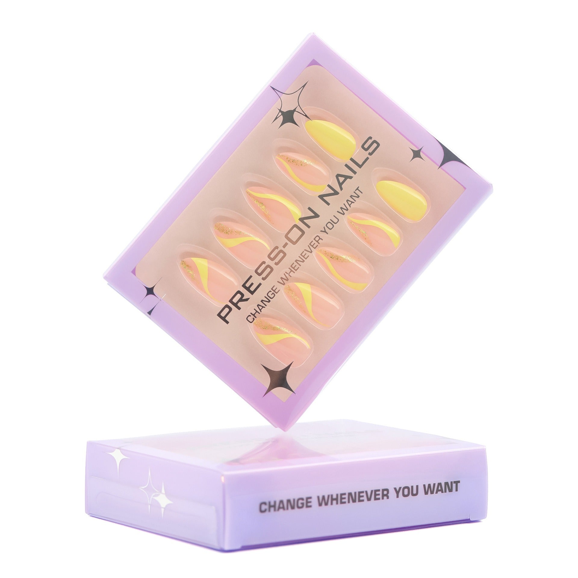 faux ongles jaune pastel nail art swirl paillettes manucure printemps popnails