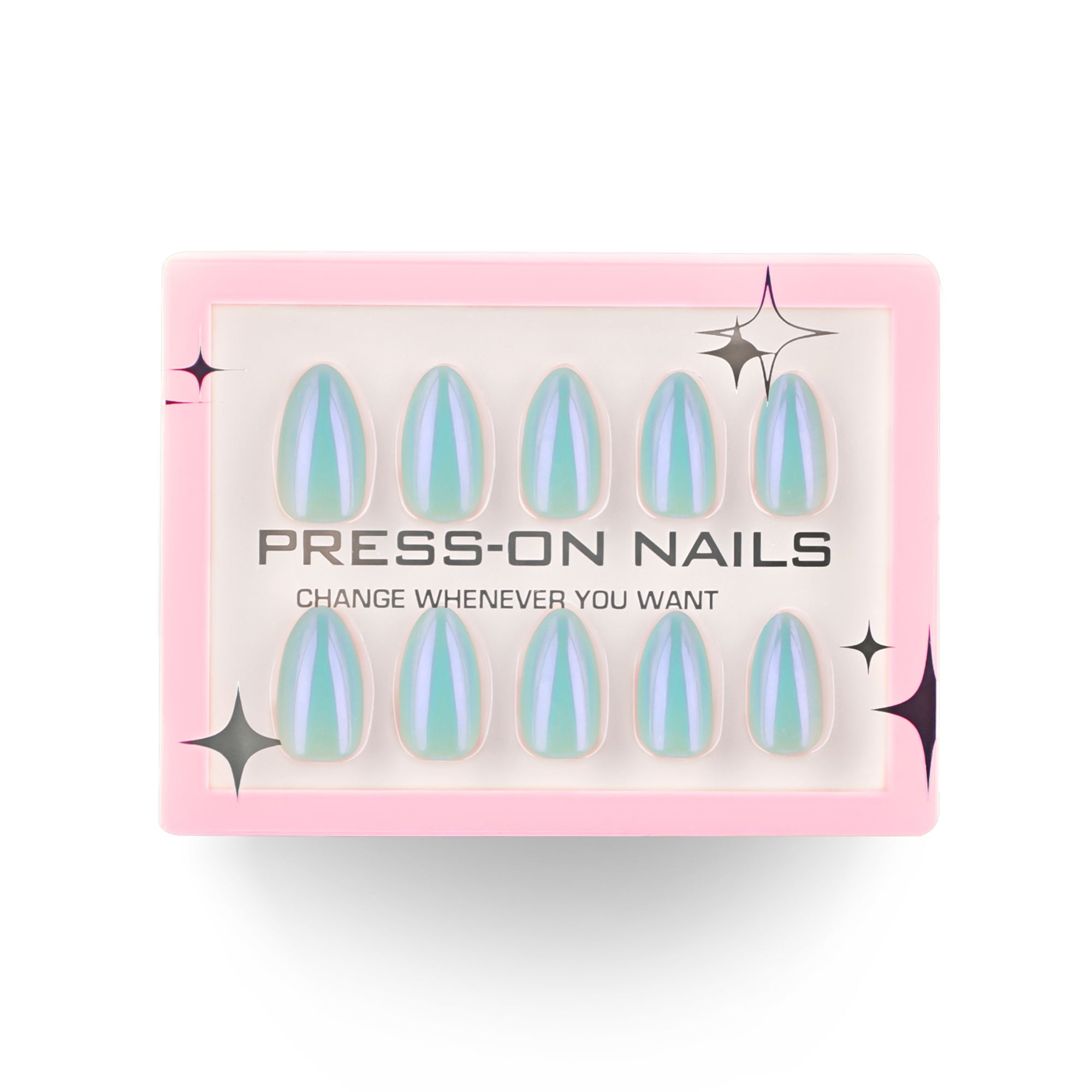 faux ongles press on nails turquoise irisé ongles amande nail art printemps tendance inspiré tendances 2025 réutilisable sans UV