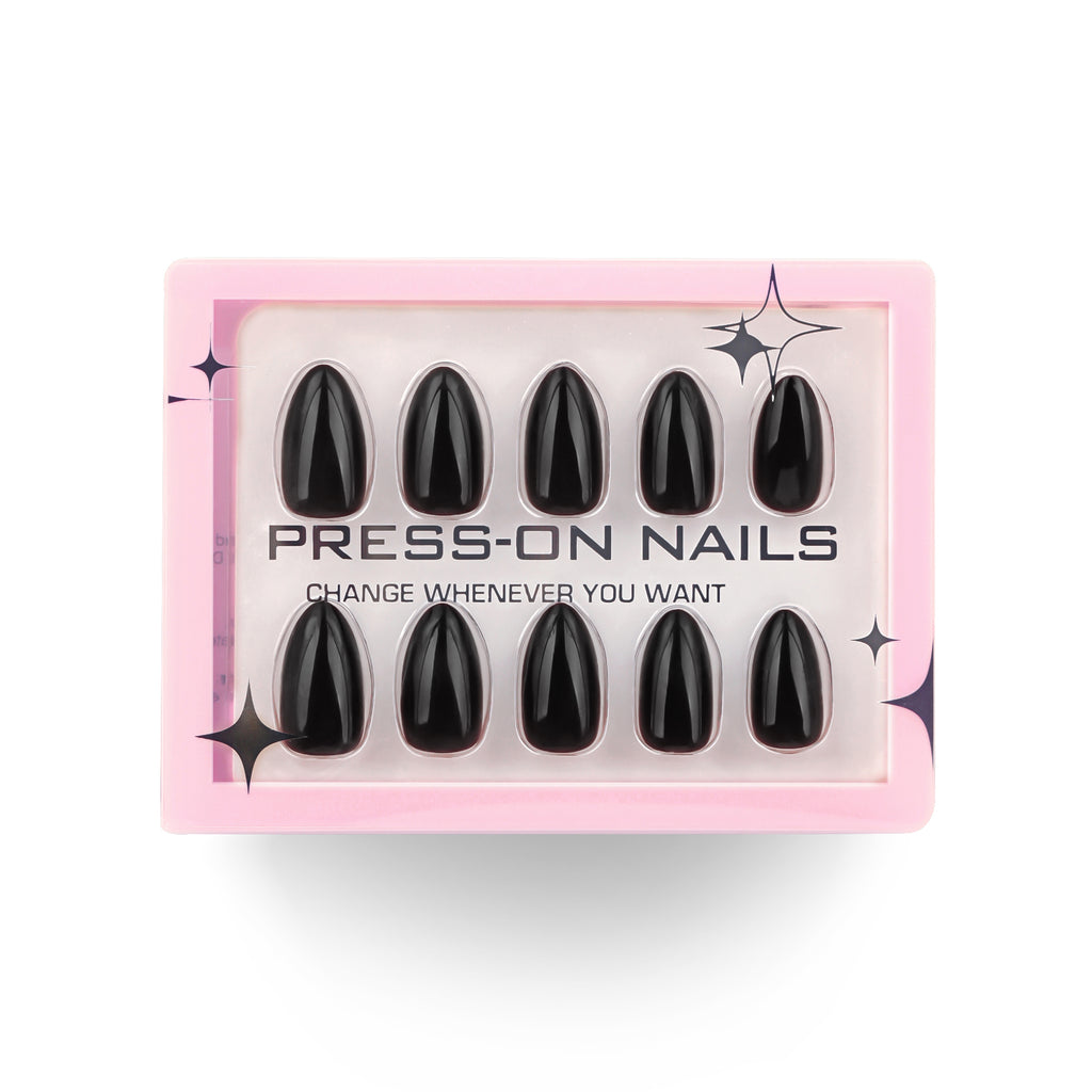 faux ongles press on nails noir laqué ongles amande courts manucure chic élégante effet salon réutilisable