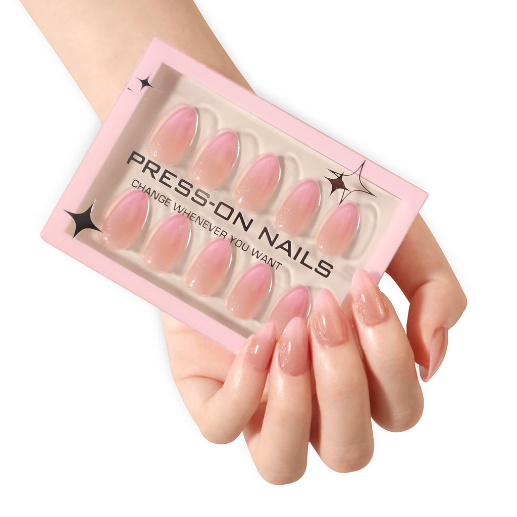 faux ongles press on nails rose nude pailleté ongles amande manucure soiree glam elegante reutilisable sans UV