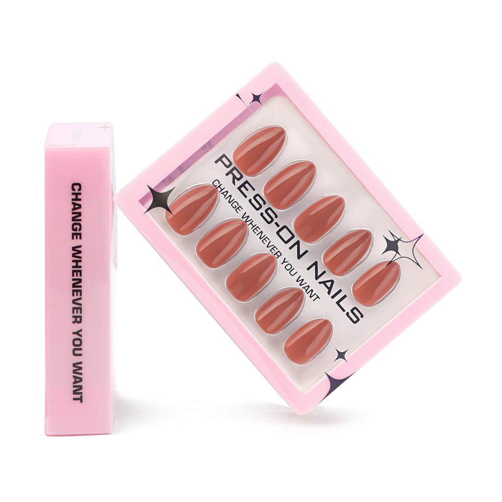 faux ongles press on nails terracotta brillant ongles amande manucure nude chaude effet laqué réutilisable