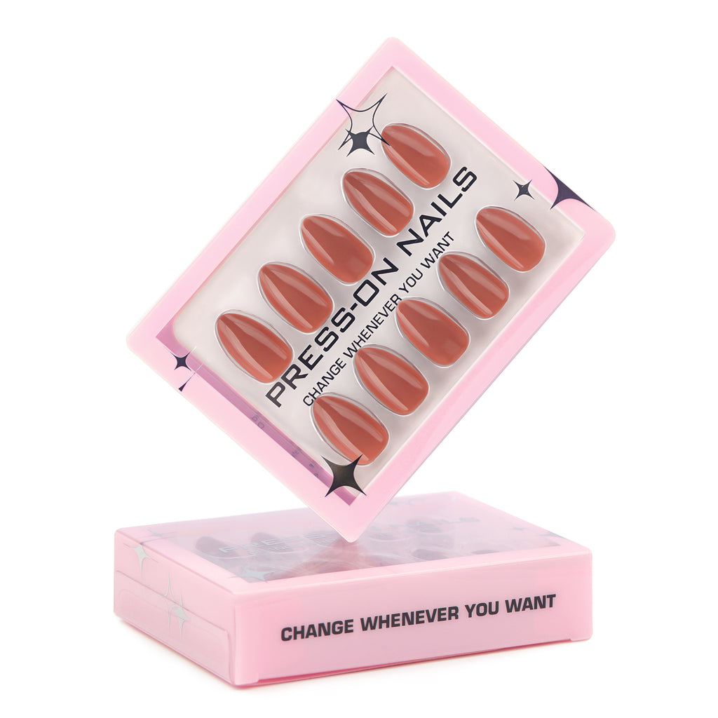 faux ongles press on nails terracotta brillant ongles amande manucure nude chaude effet laqué réutilisable