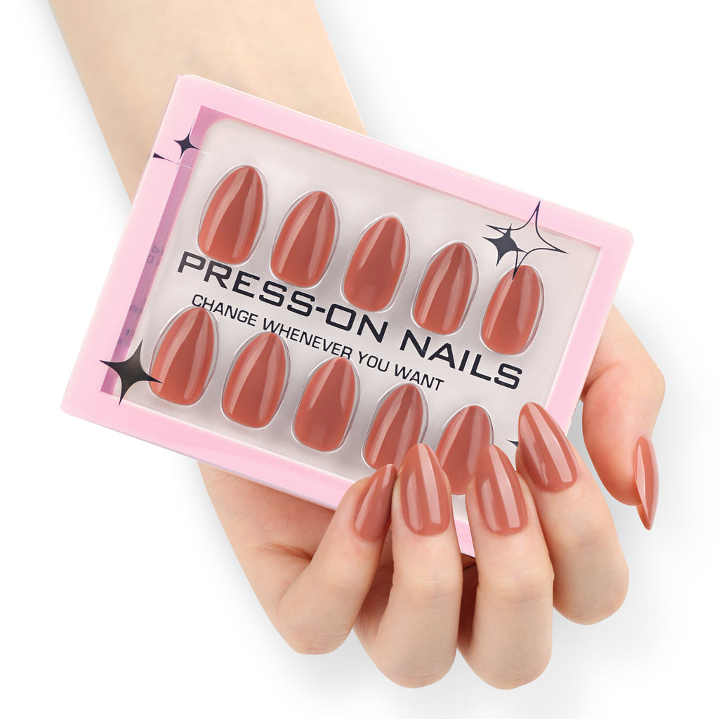 faux ongles press on nails terracotta brillant ongles amande manucure nude chaude effet laqué réutilisable