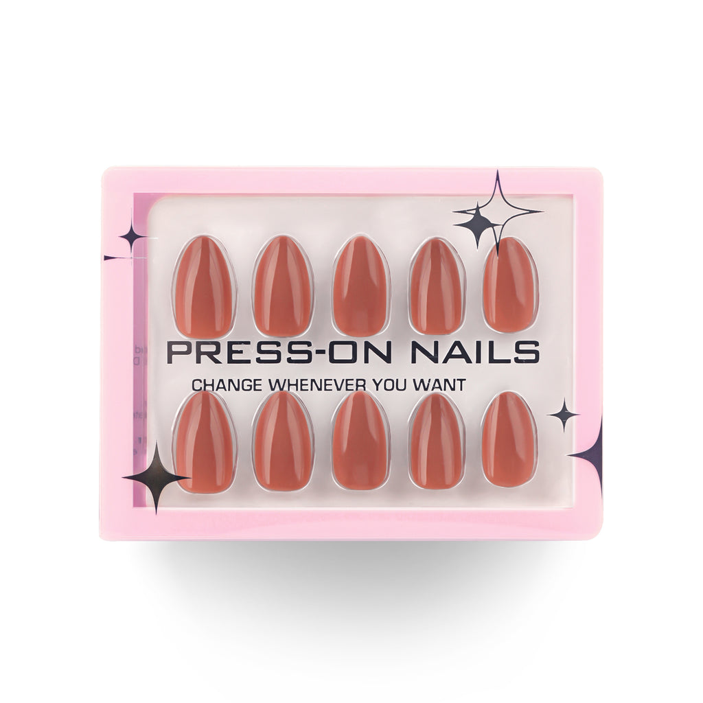 faux ongles press on nails terracotta brillant ongles amande manucure nude chaude effet laqué réutilisable