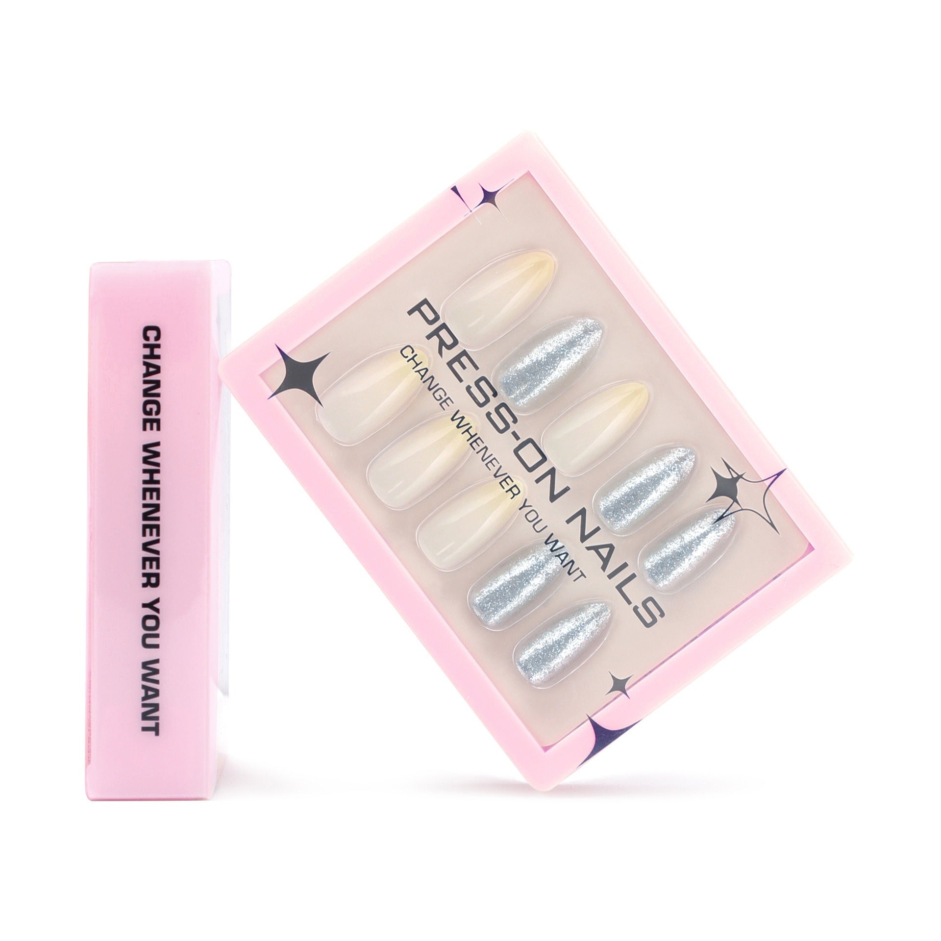 faux ongles press on nails nude champagne paillettes argent ongles amande manucure soiree glam elegante reutilisable sans UV