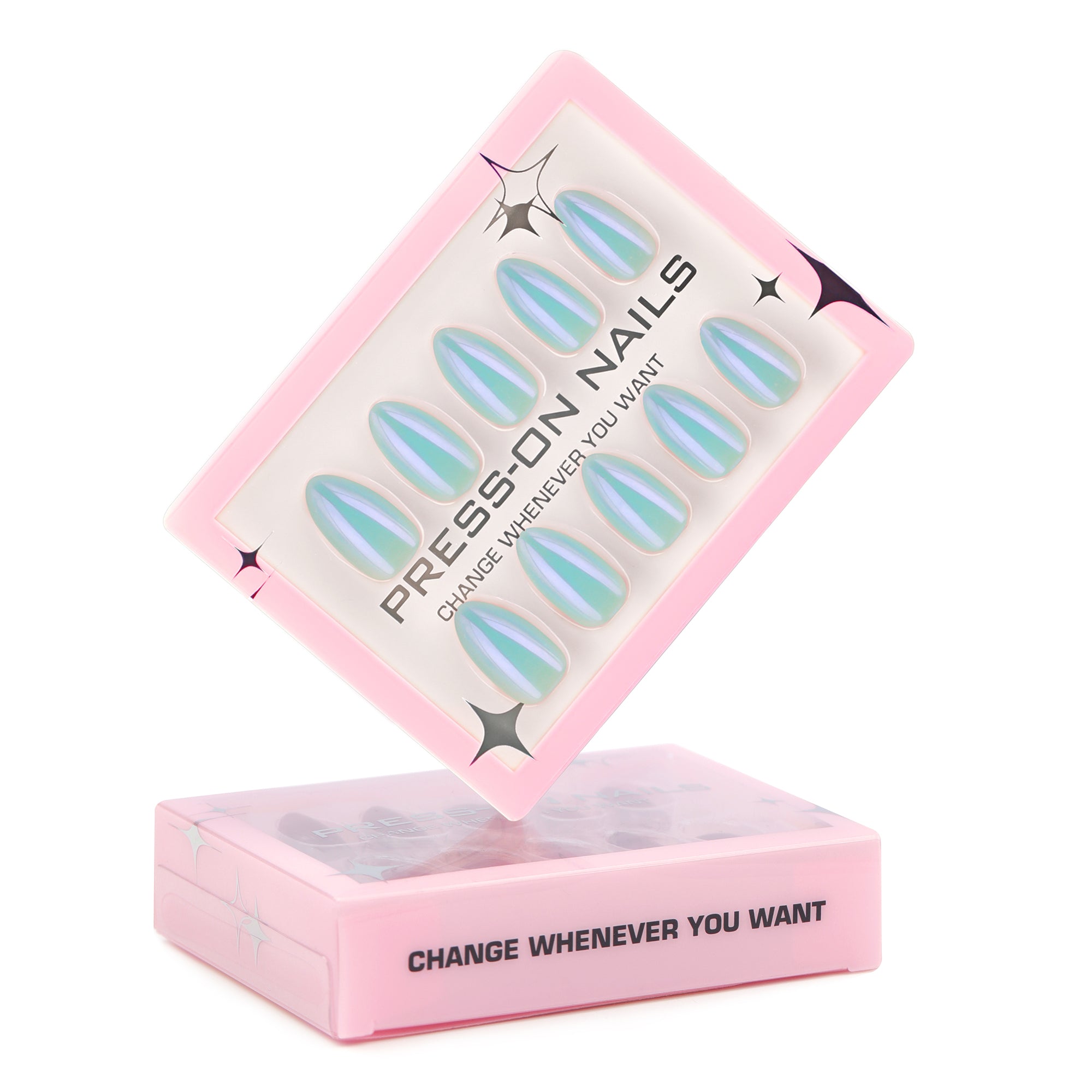 faux ongles press on nails turquoise irisé ongles amande nail art printemps tendance inspiré tendances 2025 réutilisable sans UV