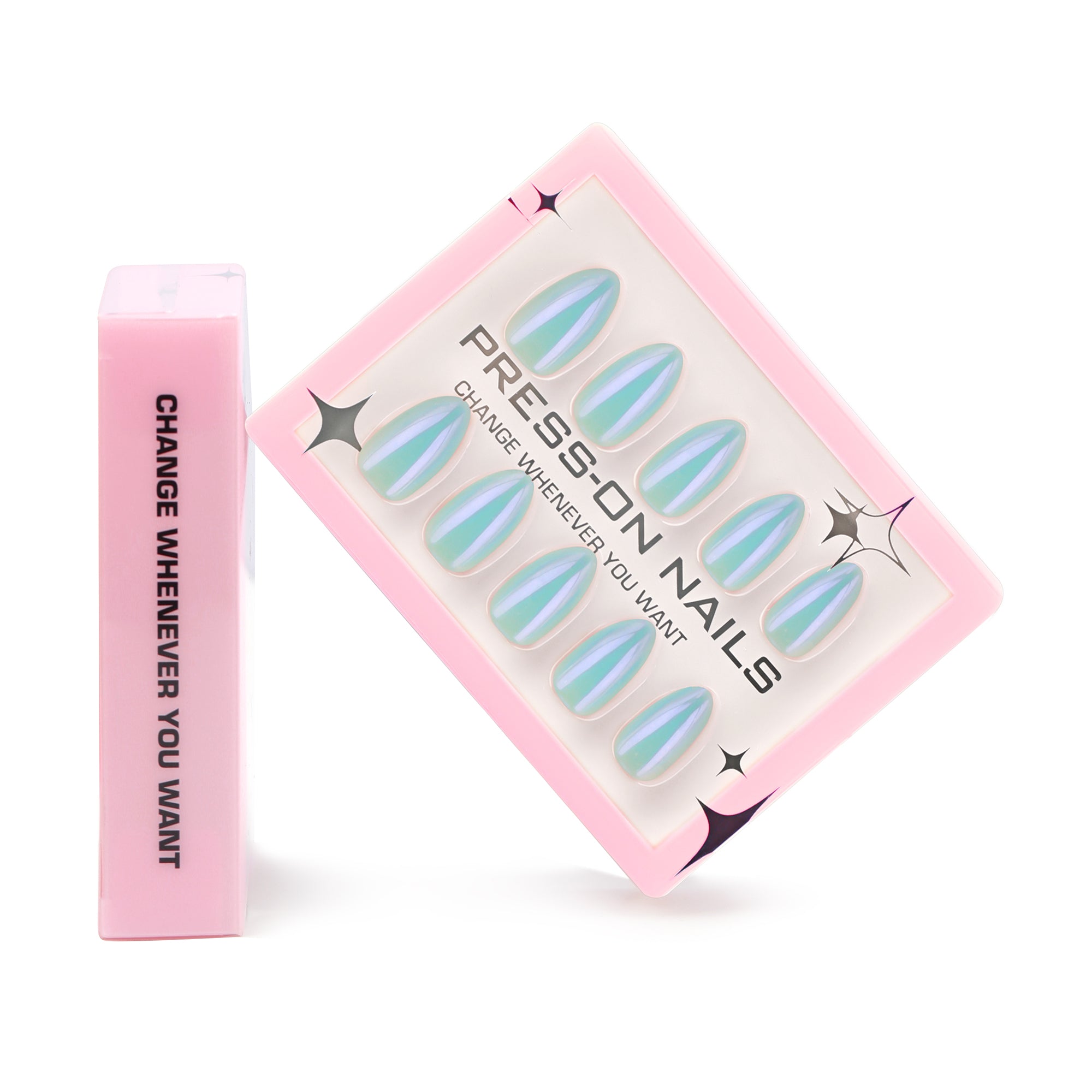 faux ongles press on nails turquoise irisé ongles amande nail art printemps tendance inspiré tendances 2025 réutilisable sans UV