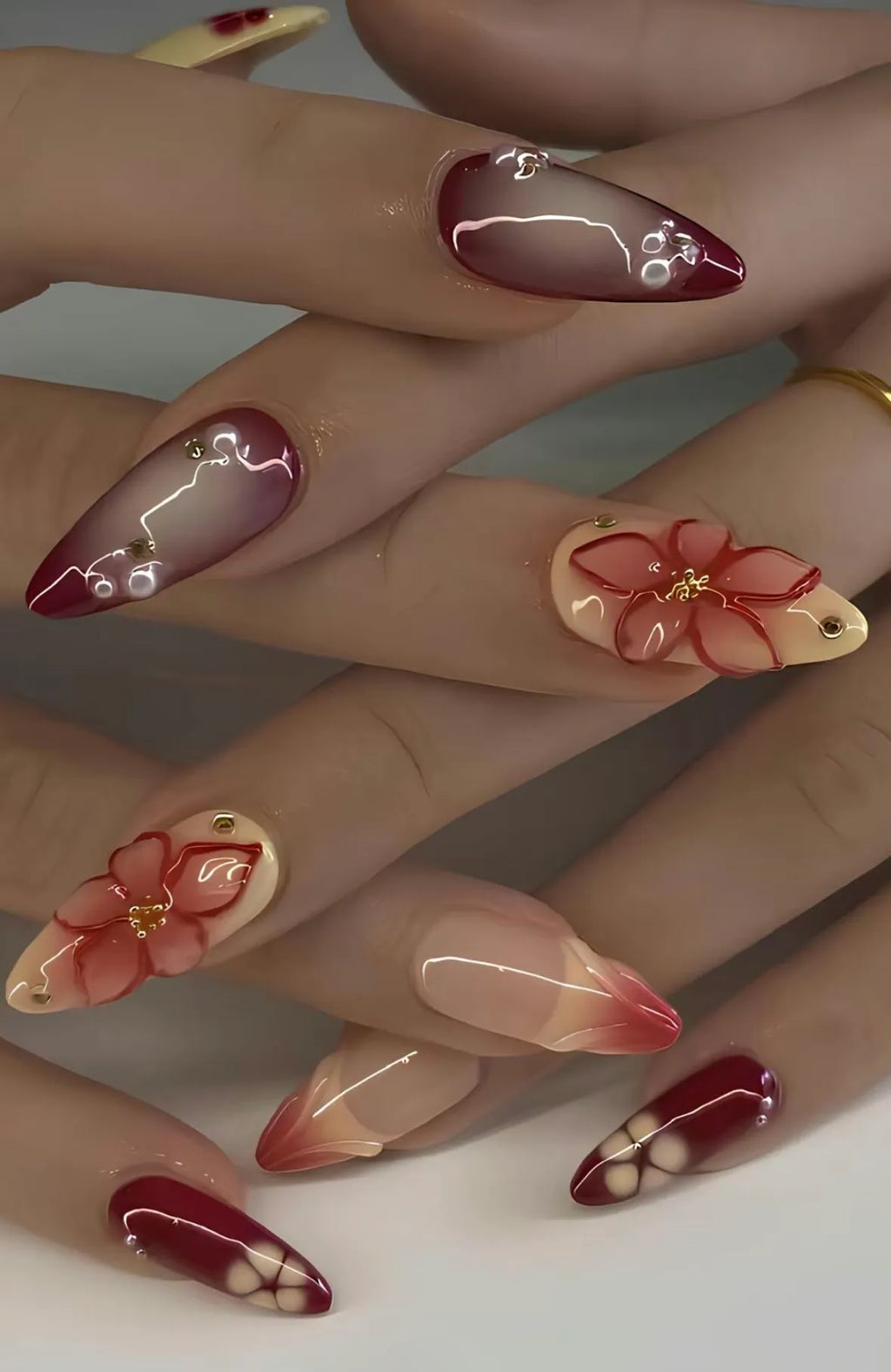 press on nails rouge bordeaux nail art floral 3d