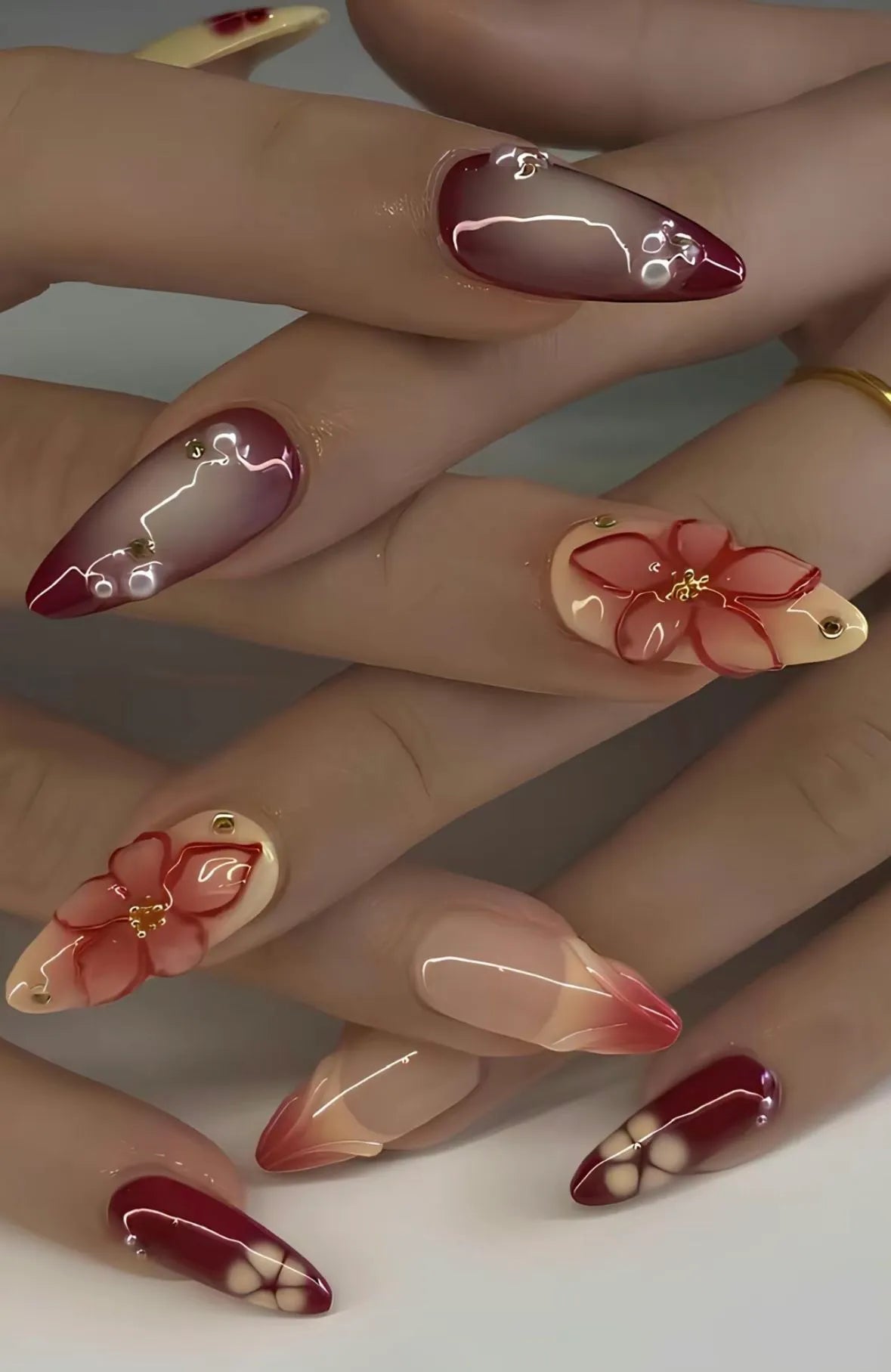 press on nails rouge bordeaux nail art floral 3d