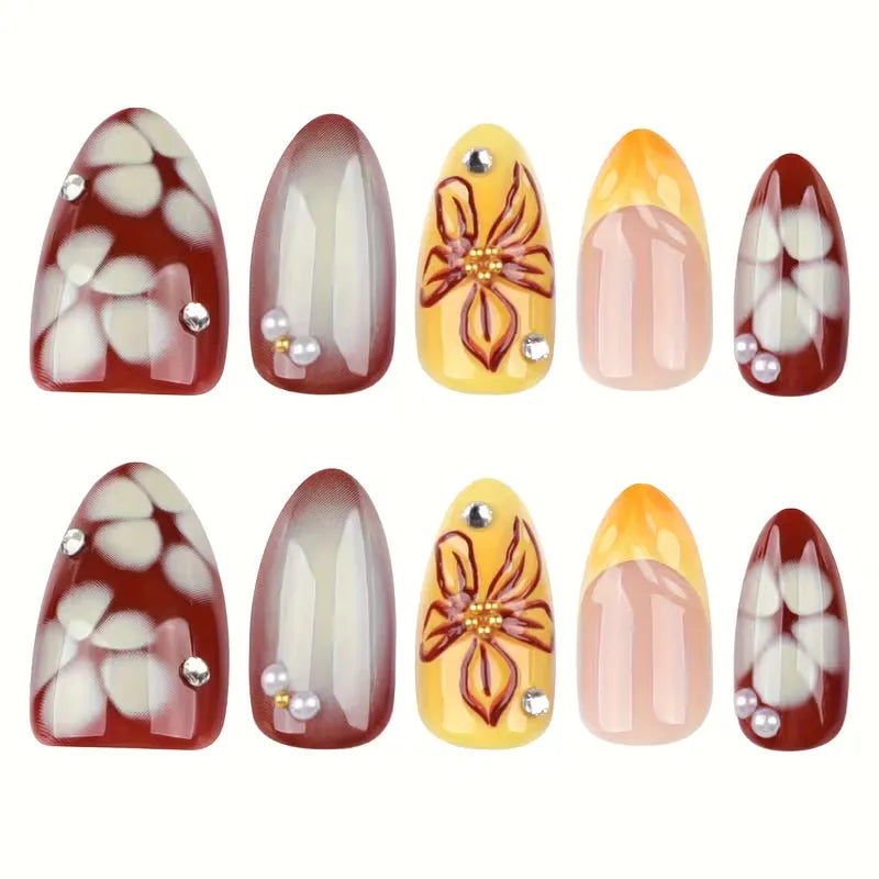 faux ongles bordeaux fleurs 3d press on nails tendance