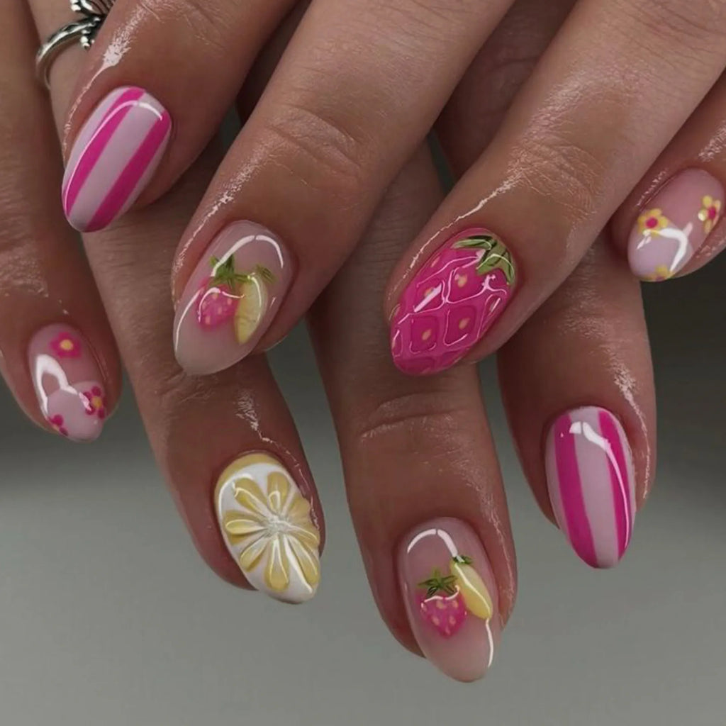 faux ongles ete fraise citron press on nails fruites