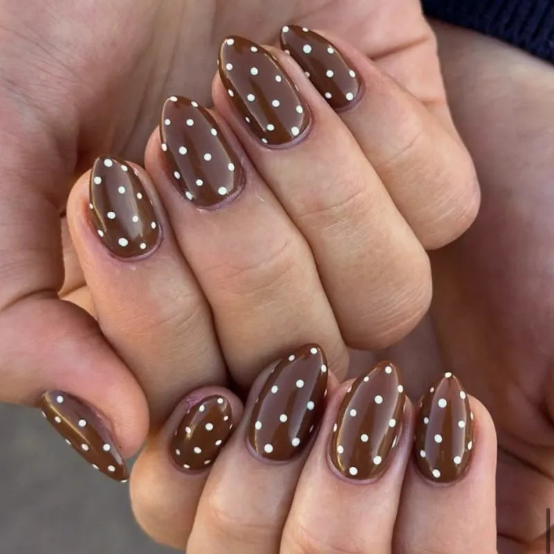 faux ongles marron chocolat polka dots press on nails