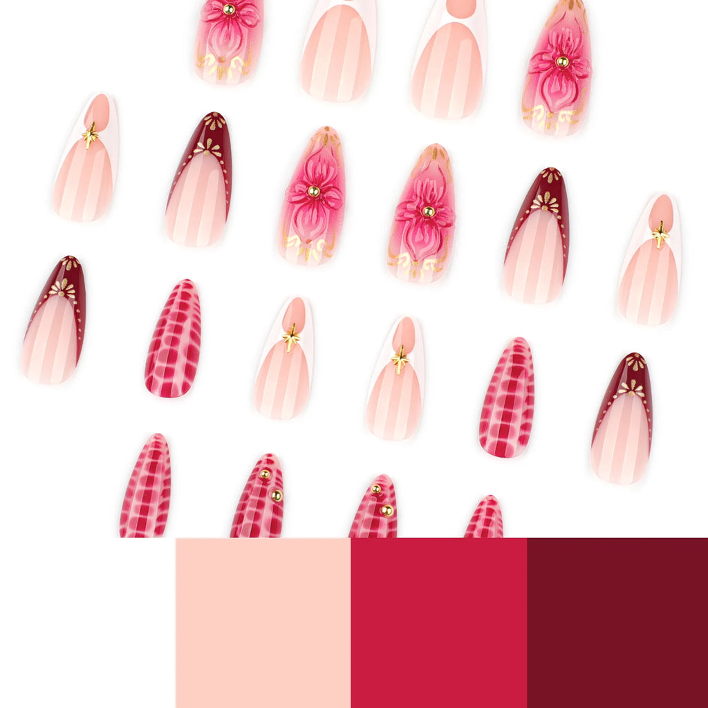press on nails rose framboise nail art floral dore