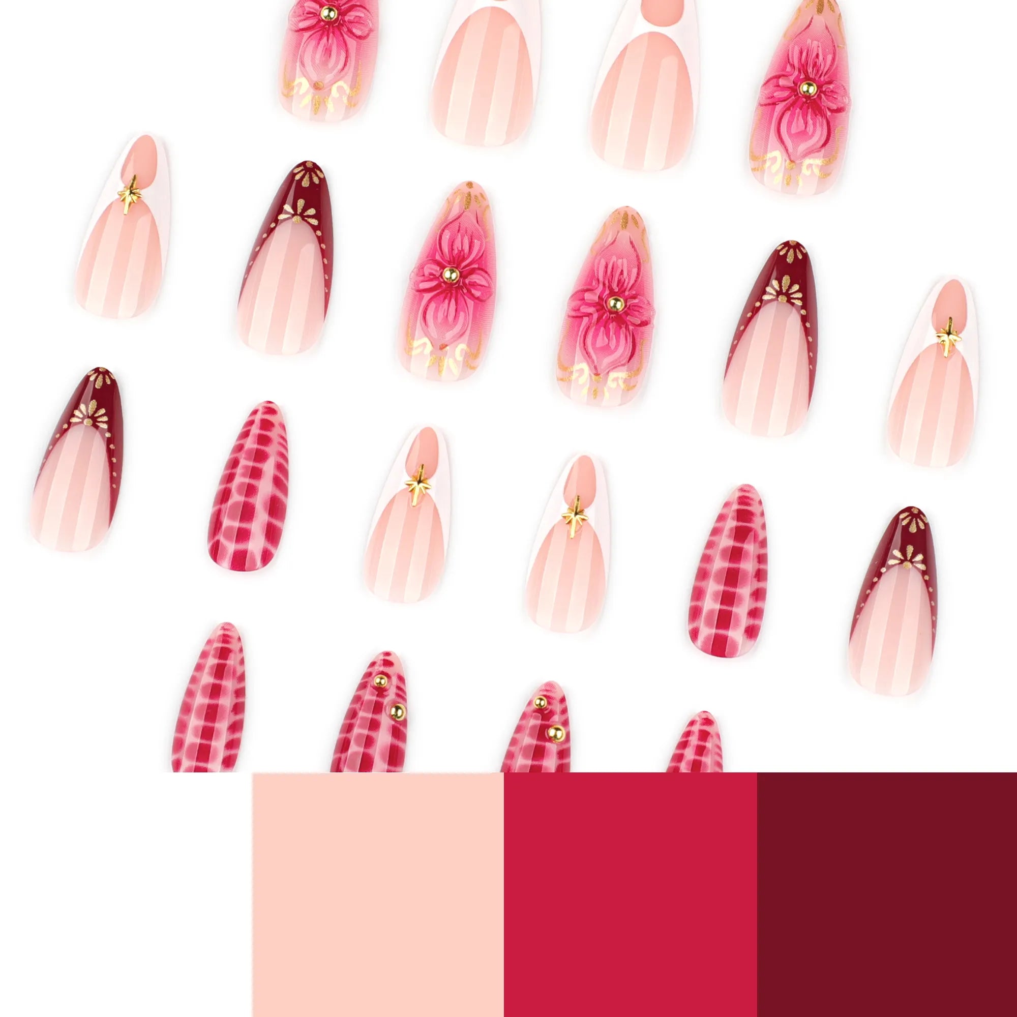press on nails rose framboise nail art floral dore
