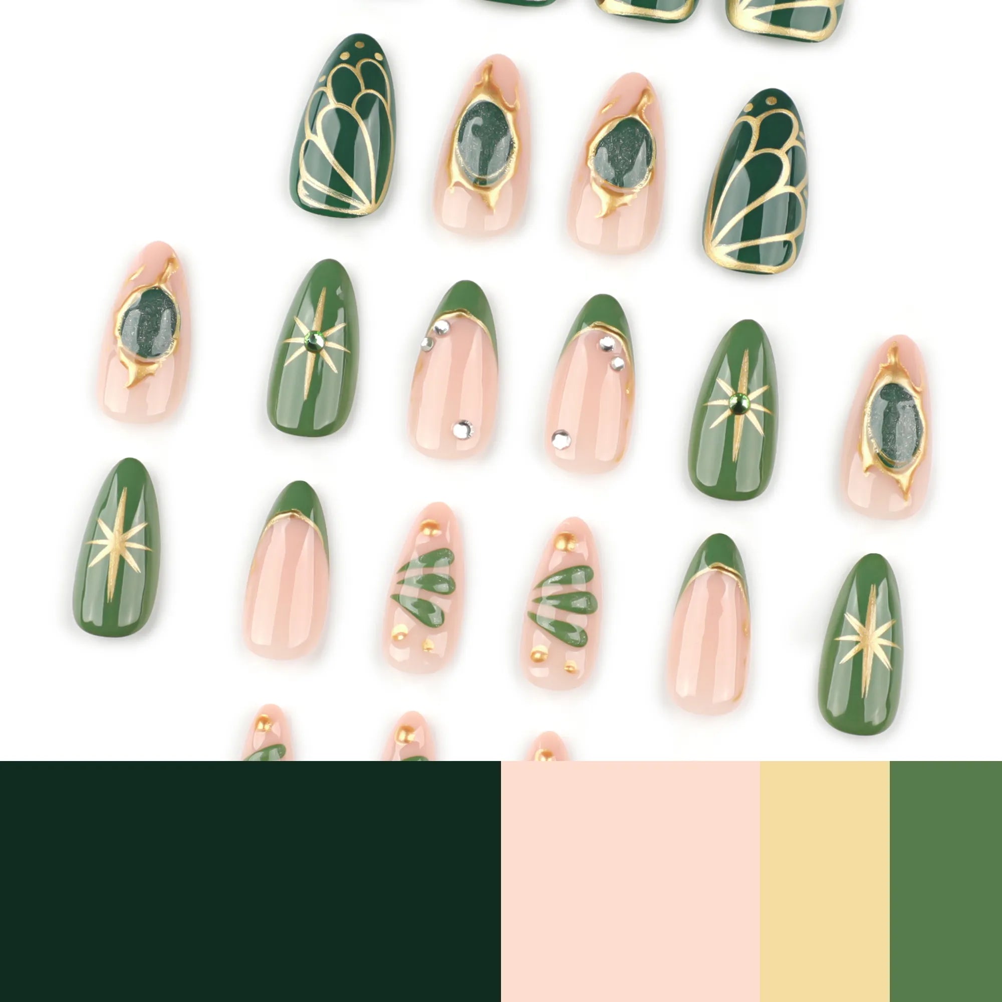 press on nails vert olive nude nail art doré tendance