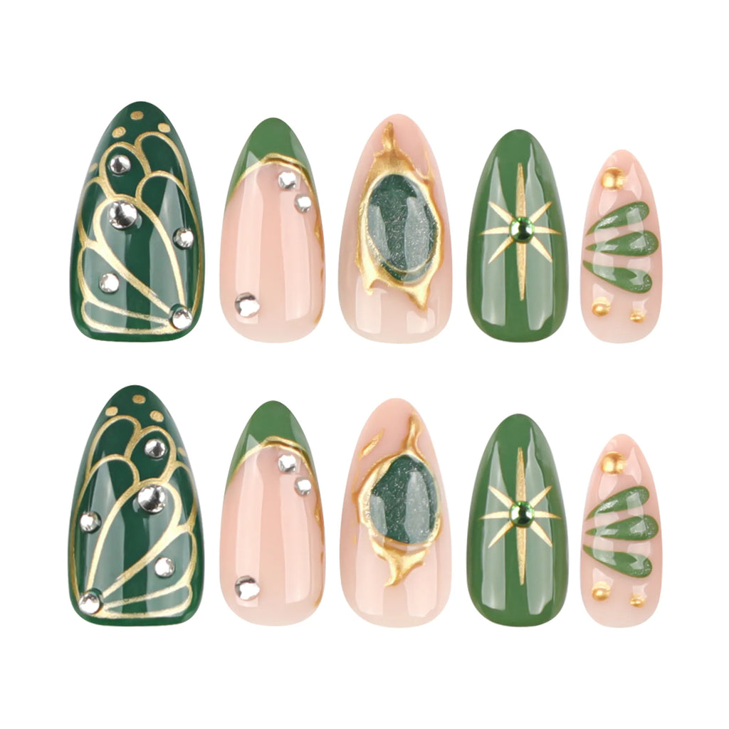 ongles vert olive nail art chic avec strass dorés