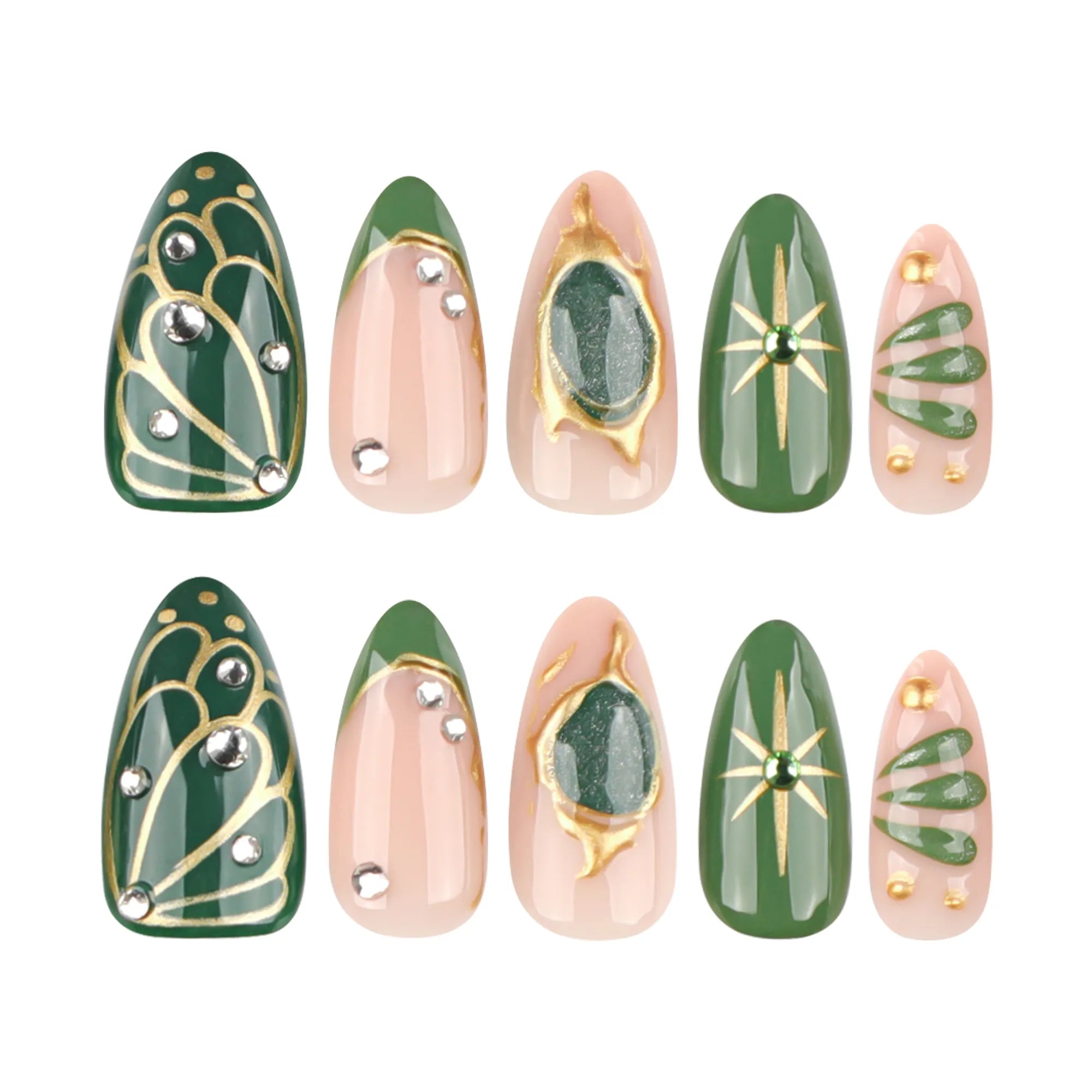 ongles vert olive nail art chic avec strass dorés
