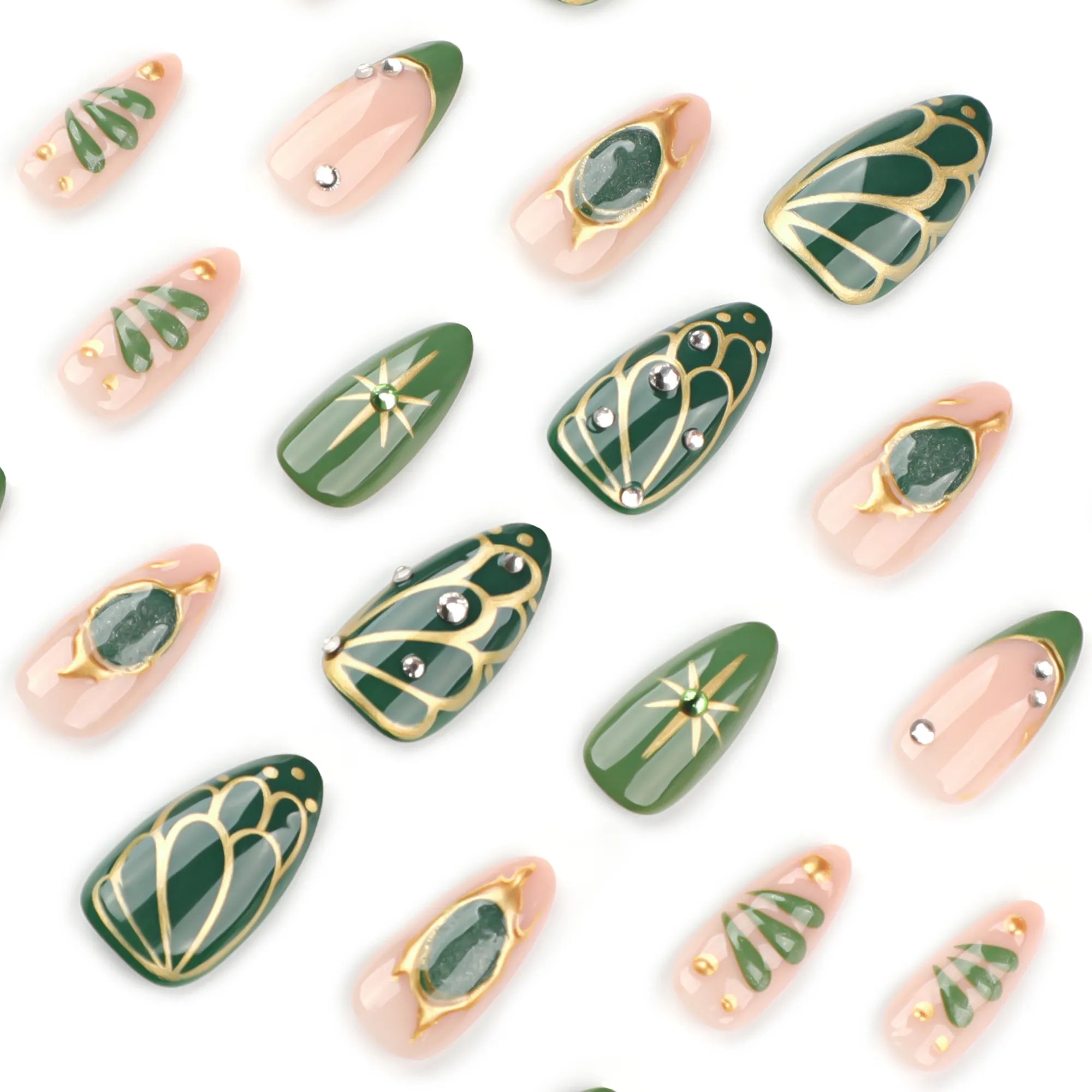 faux ongles nail art vert émeraude doré effet bijou