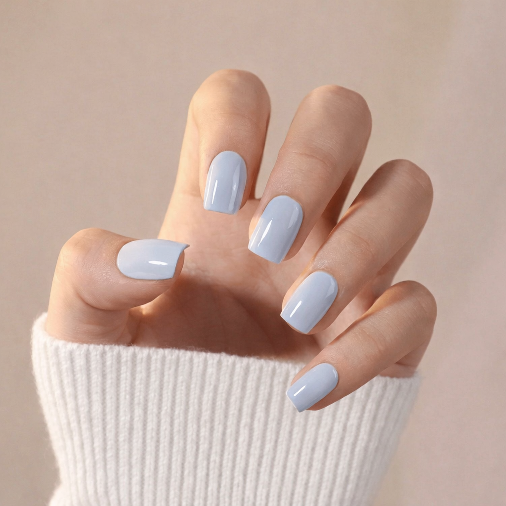 ongles bleu pastel naturel manucure minimaliste carre court