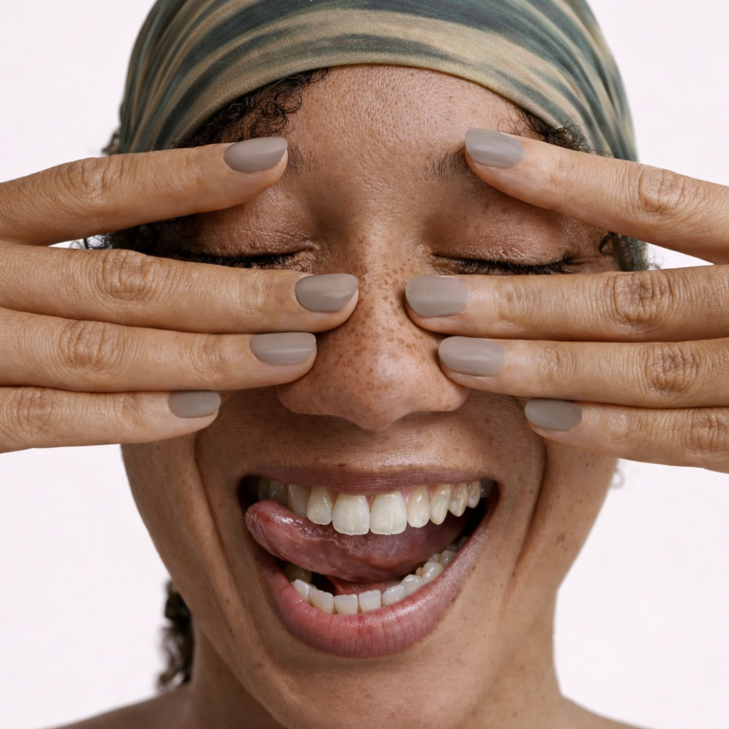 Femme souriante avec press-on nails nude réutilisables — manucure naturelle, facile à poser, pour toutes les carnations et styles.